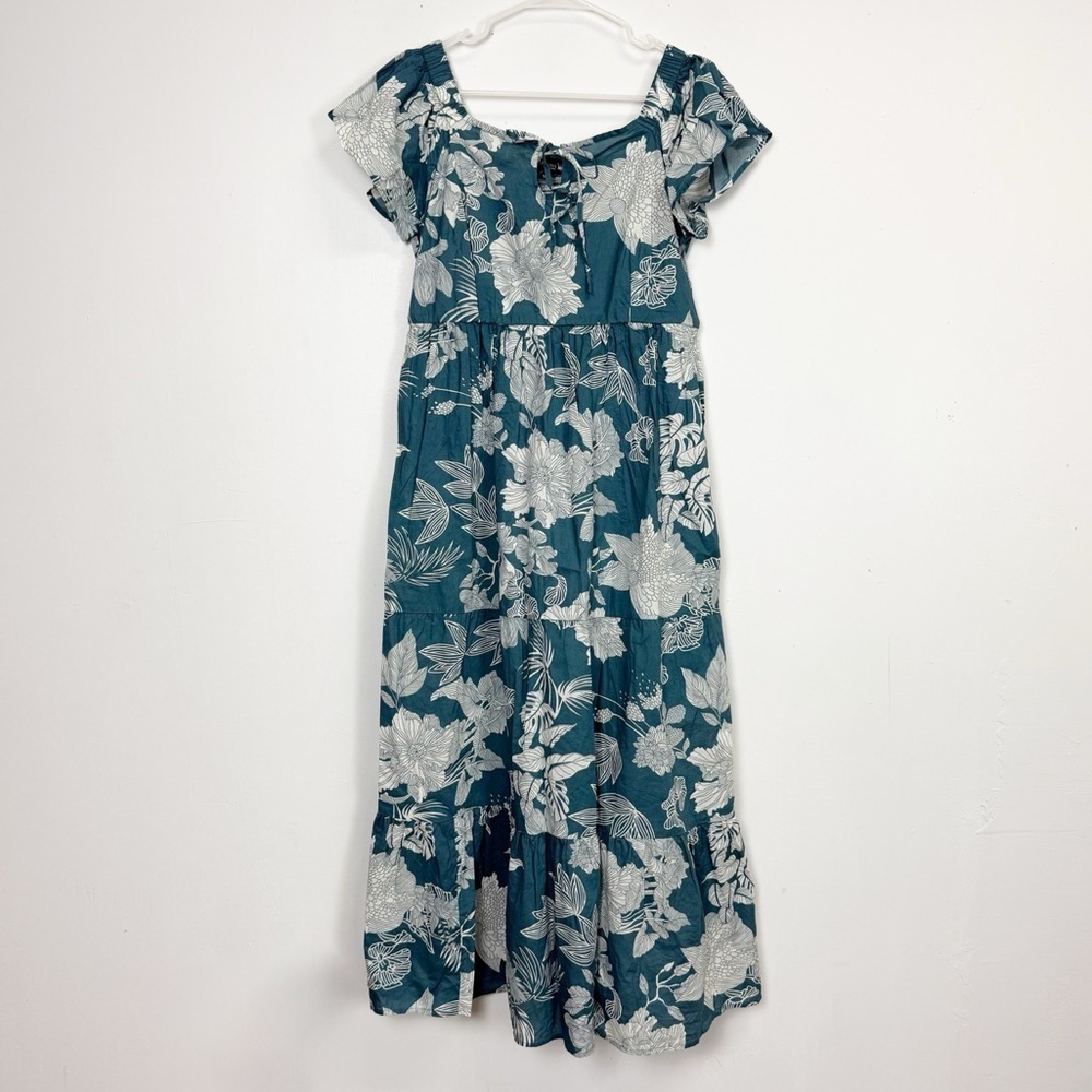 Antthony Original Maxi Dress Womens Large Blue Short Sleeve Cotton Floral